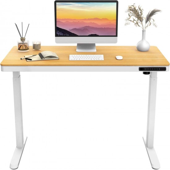 Ergonomic electric height adjustable desk with white standing desk frame and maple tabletop