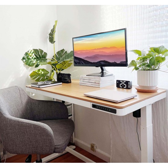 Ergonomic electric height adjustable desk with white standing desk frame and maple tabletop