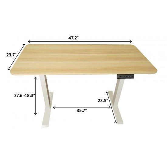 Ergonomic electric height adjustable desk with white standing desk frame and maple tabletop