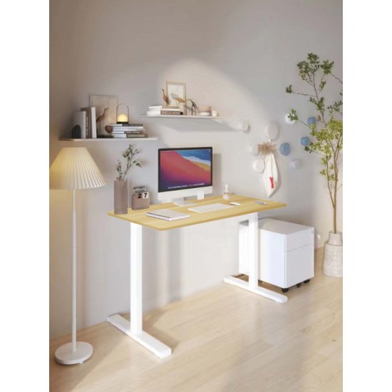 Ergonomic electric height adjustable desk with white standing desk frame and maple tabletop